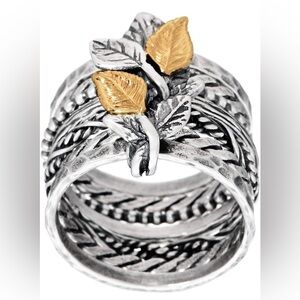 PAZ Creations .925 Sterling Silver Multi-Band Stacked Ring with 14K Gold Leaves